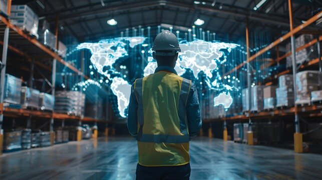 worker in the warehouse stands with a holographic map showing global trade supply chain and logistics interactions