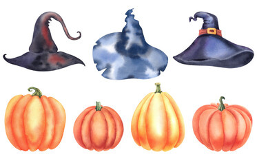 Watercolor Set for Halloween: pumpkins and peligrim's hat. The illustration is hand-painted. Harvest festival, Thanksgiving day. A celebration of spirits, witches and monsters. A bundle for decoration