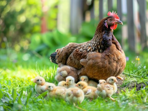 Motherly Aseel Hen Tenderly Raising her Baby Chicks in Backyard Garden