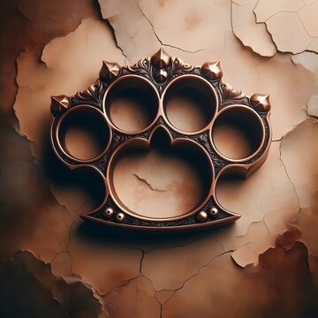 Brown brass knuckles against a cracked wall with neon light reflections