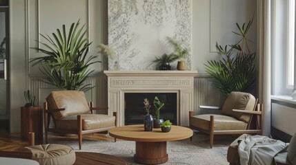 Chic apartment living room with armchairs by a wooden table, decorative fireplace, plants, and modern decor