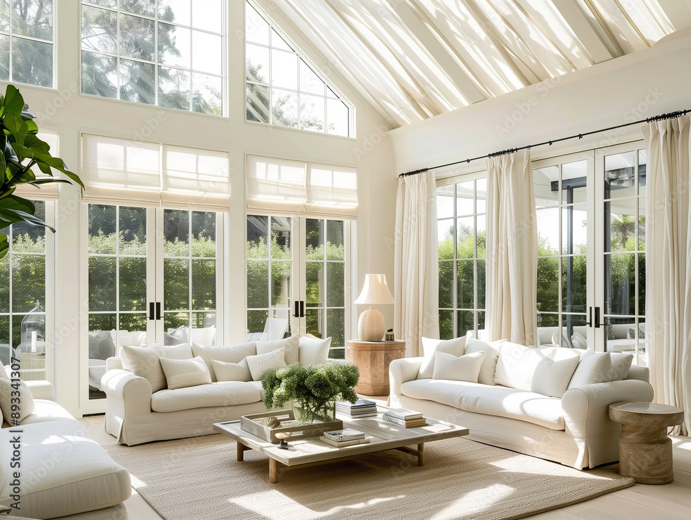 Wall mural elegant hamptons style living room with vaulted ceilings, expansive windows, and plush white sofas, 