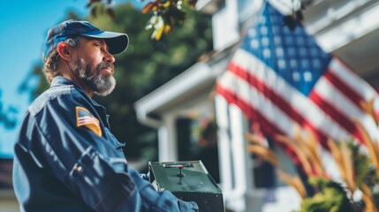 a postal worker delivering mail, with an American flag in the background.