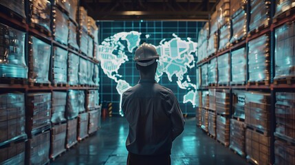 In the warehouse, a worker stands with a hologram world map illustrating global trade and supply chain logistics