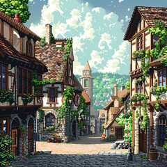Fototapeta premium Charming medieval village street with stone houses, lush greenery, and cobblestone paths under a clear blue sky.
