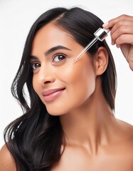 Fototapeta premium Beautiful Woman holding a Pipette with Skincare Serum - Applying Serum to her Face - Hyaluronic Acid, Anti Aging, Moisturiser, Repair, Hydrating, Vitamin, Ascorbic, Retinol, Exfoliant, Azelaic