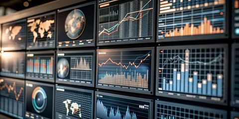 Wall of Monitors with Financial Data and Charts. A high-tech monitoring room with multiple screens displaying real-time financial data, charts, graphs, and world maps. 