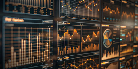 Wall of Monitors with Financial Data and Charts. A high-tech monitoring room with multiple screens displaying real-time financial data, charts, graphs, and world maps. 