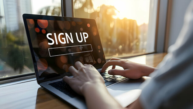Person typing on laptop with sign up screen displayed, sunlight streaming through window, online registration concept.