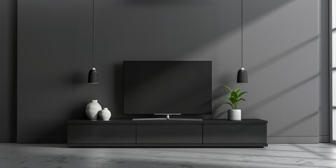 A dark, modern living room featuring a sleek TV on a black console cabinet, elegant decor, and stylish furniture in a minimalist design.