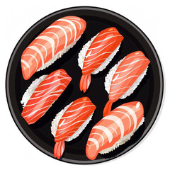 Top view of Sake nigiri sushi in a cartoon style on white background