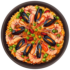 Top view of Seafood Paella dish in a cartoon style on white background