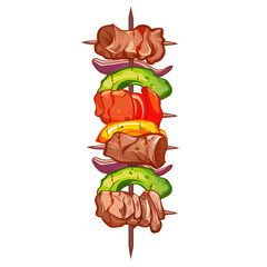 Top view of Shish Kebab in a cartoon style on white background