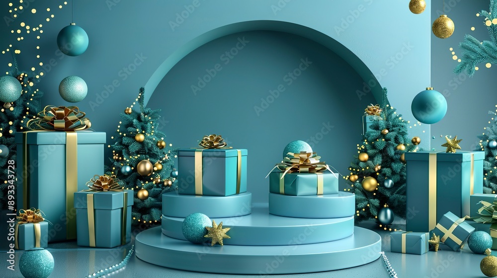 Wall mural Green and blue Christmas podium or pedestal for display product in a stage showcase to present gifts. 