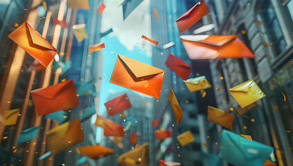 Vibrant envelopes floating in a bustling cityscape, highlighting communication and connection in a digital age, symbolizing modern correspondence.