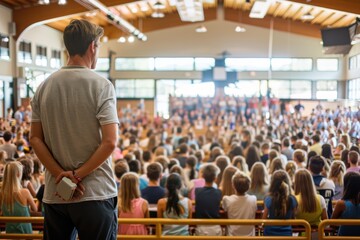 Engaged Teacher Overseeing Students at School Event in Spacious Hall