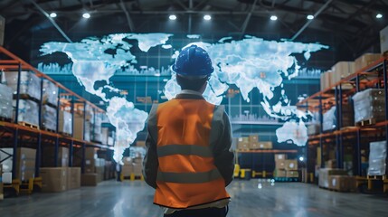 Warehouse worker with a holographic world map behind, emphasizing global trade interactions and supply chain management