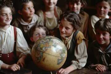 Engaging Geography Lesson: Educator Using Globe to Teach Curious Students in Classroom Setting Realistic Image