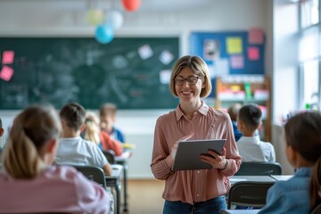 Modern Educator Utilizing Tablet for Interactive Learning with Students in Technologically-Advanced Classroom