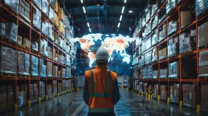 Warehouse worker standing before a holographic map, showcasing global trade supply chain management and logistics