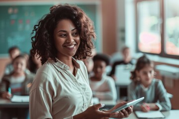Modern Educator Utilizing Tablet to Enhance Learning Experience in High-Tech Classroom