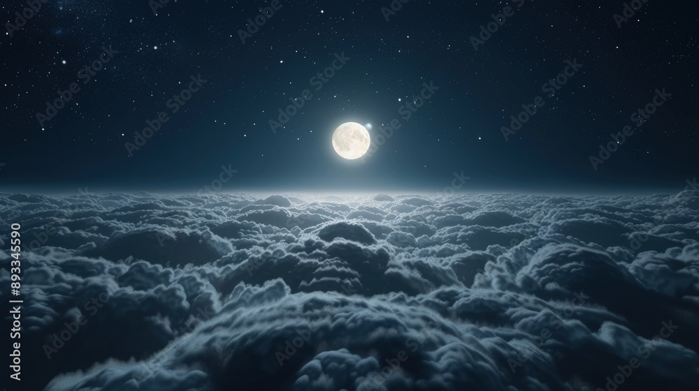 Wall mural 3d rendering of full moon shining above the clouds at night sky background.