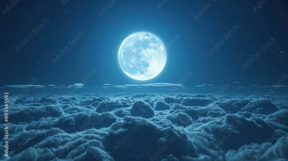 Wall mural 3d rendering of full moon shining above the clouds at night sky background.