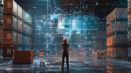 In the warehouse, a worker stands with a hologram world map behind, focusing on global trade and efficient operations
