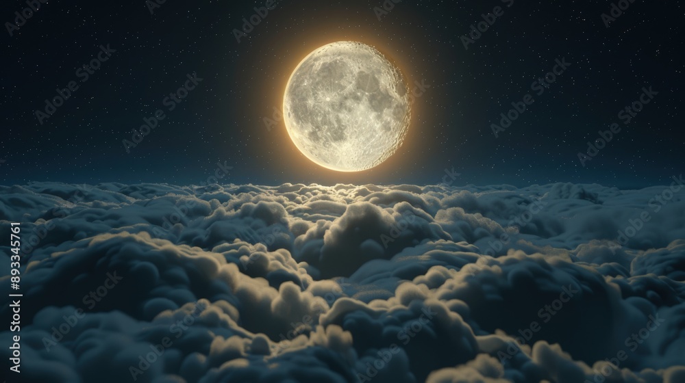 Canvas Prints 3d rendering of full moon shining above the clouds at night sky background.
