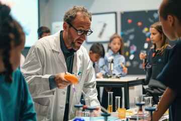 Obraz premium Engaging Science Fair Event with Educator Supervising Students' Presentations to Judges