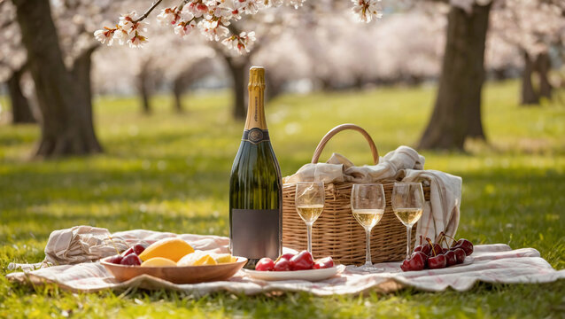 Picnic basket with food and champagne on green grass in spring park with blooming cherry trees. Romantic picnic on blanket