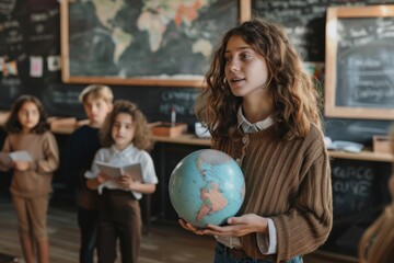 Exploring the World: Educator Teaching Geography with Globe to Engaged Students in Classroom Realistic Photo