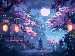 Obraz premium A beautiful digital artwork of a nighttime scene with blossom trees, lanterns, and traditional architecture under a full moon.