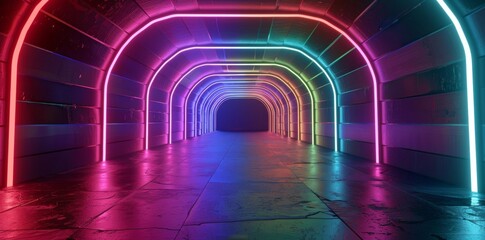 A vibrant neon tunnel illuminated by multicolored LED lights creates a futuristic mood, offering a visually stunning and immersive experience.