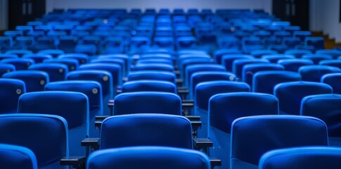 Naklejka premium A vast lecture hall stands ready with its blue seats inviting intellectual gatherings.