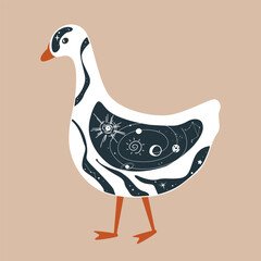Abstract painted goose with solar symbols. Cartoon nursery, folk, or tribal style. Vector isolated illustration