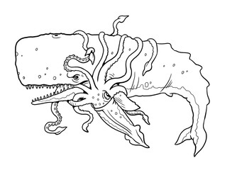 Fototapeta premium Battle between prehistoric whale Livyatan with the gigantic squid. Coloring page with prehistoric animals.