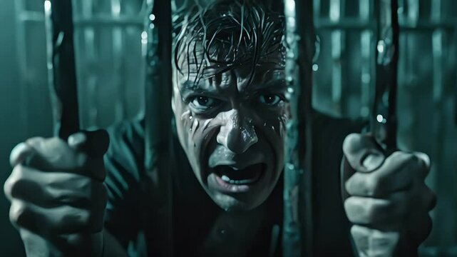 Angry male inmate confined behind bars desperately asking to released from custody symbolizing quest for fairness, dangerous criminal man in prison embodies societal threat