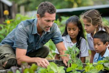 Engaging Outdoor Science Class with Teacher and Students Studying Plants Together