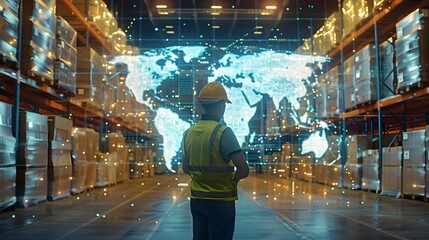 Warehouse scene with a worker standing in front of a holographic map, highlighting global trade and supply chain management