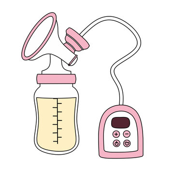 Electric breastpump,, breastfeeding equipment vector flat illustration with outline