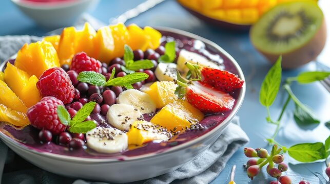 Beautifully decorated acai bowl with tropical fruits, breakfast, antioxidant-rich, healthy lifestyle