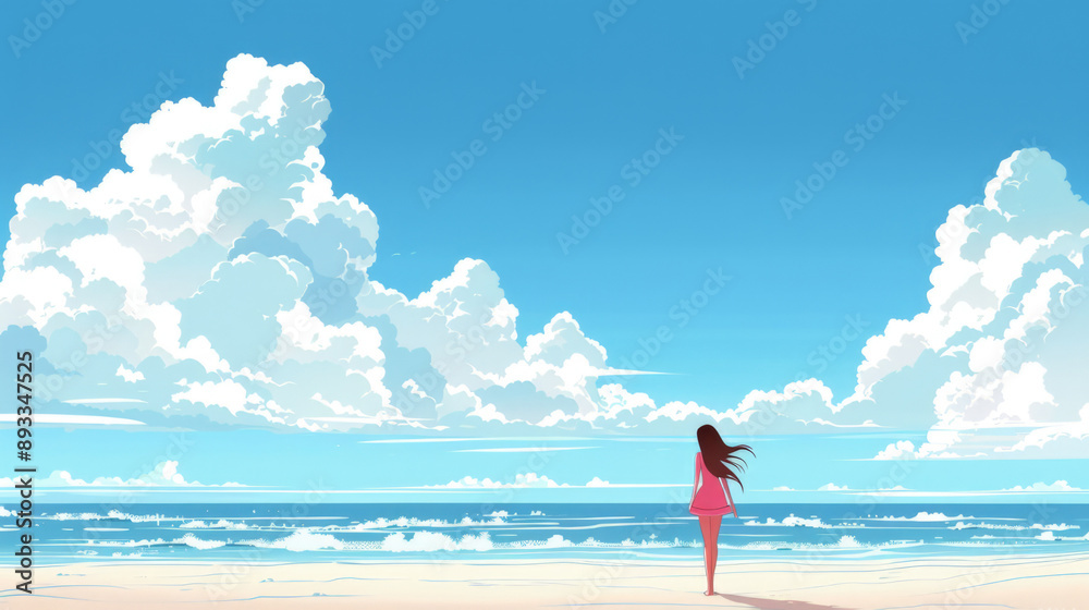 Wall mural the girl in the pink dress stands on an endless beach, with blue sky and white clouds.