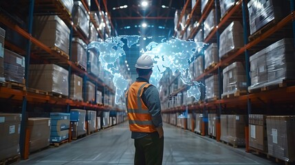 Worker in the warehouse stands with a holographic world map behind, emphasizing global logistics and distribution planning