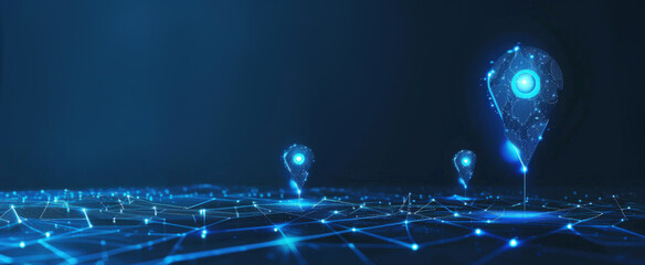 Abstract blue location point or map pin on path digital marketing technology tech innovation.