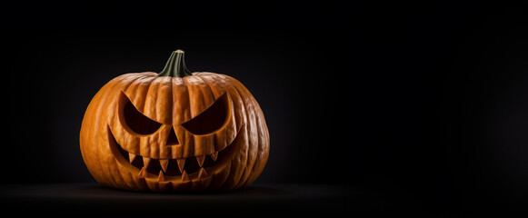 Scary Halloween pumpkin with a carved face smiling in a terrifying way looking to camera with black background. Celebration theme, copy space for text
