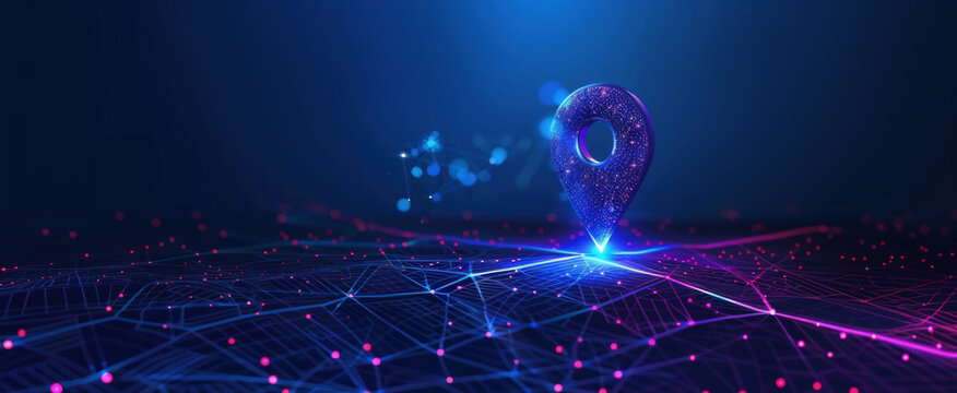 Abstract blue location point or map pin on path digital marketing technology tech innovation.