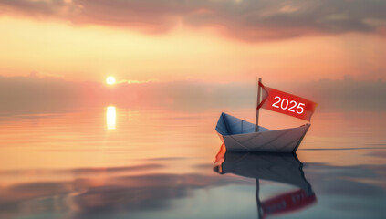 A paper boat with a flag of red and written 2025 floating on calm water at sunrise, symbolizing new beginnings for the New Year.