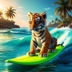 Naklejka premium A tiger cub sitting serenely on a vibrant, neon-green surfboard, riding the gentle waves in the midst of a radiant, turquoise sea, with the warm, golden sunlight casting a soft glow on its fluffy fur