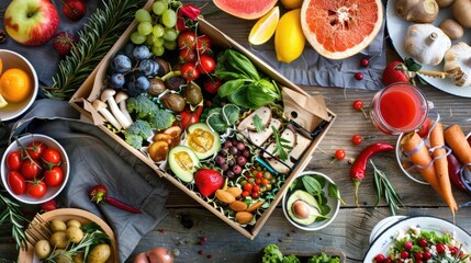 Artistic gift box with healthy culinary delights at a vibrant festival, gourmet, festive, nutrition